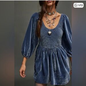 Free People Navy Smocked Velvet Tunic Dress size XS